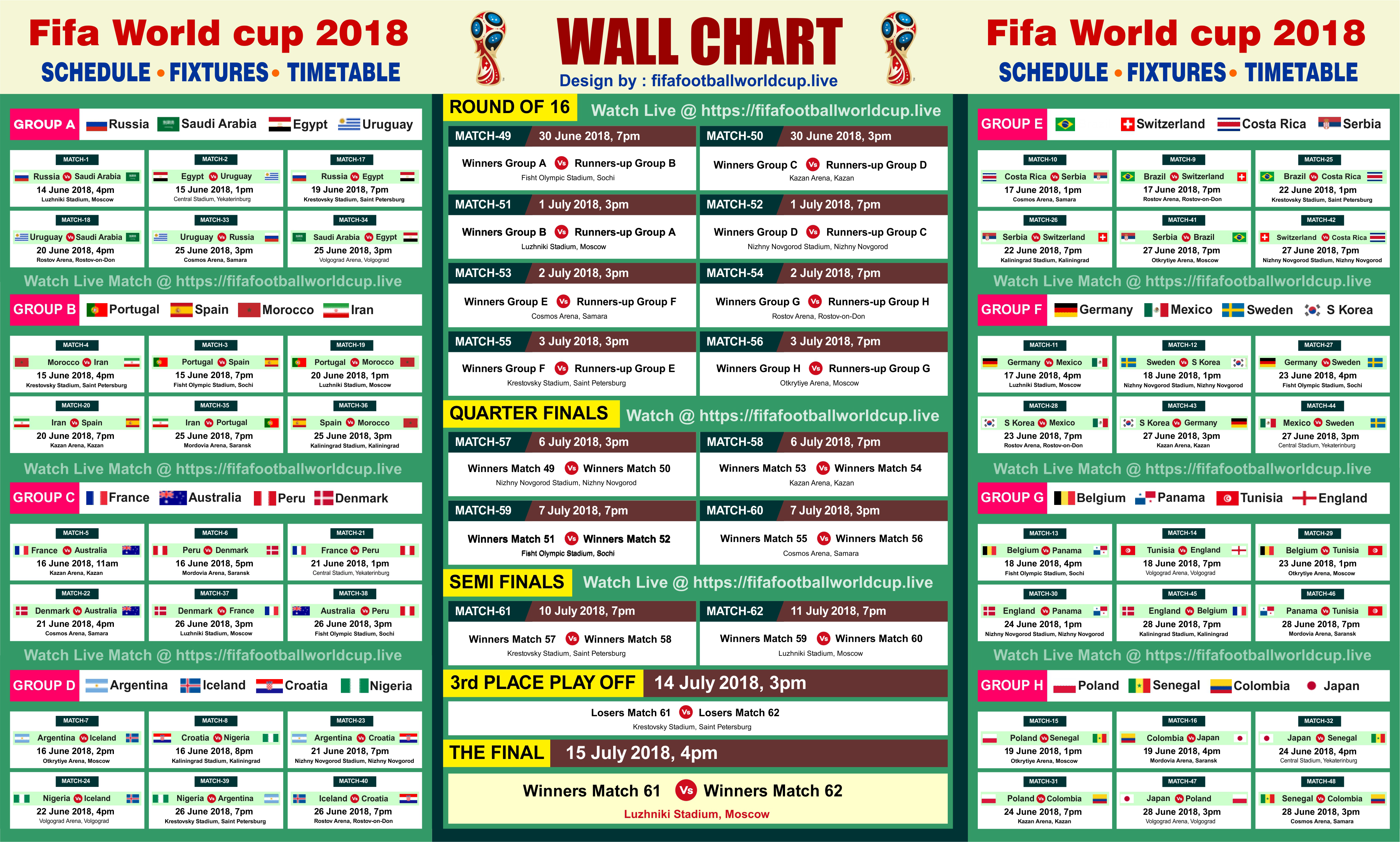 Printable Fifa World cup 2018 Schedule in Eye Catche Design of Round of 16, Quarter Final, Semi Final and Final match