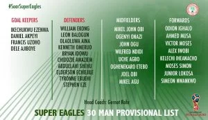 Nigeria coach announced provisional squad for world cup 2018