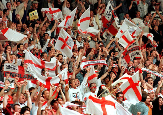 England soccer fans with team flag to cheer