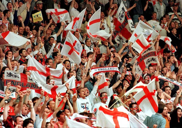 England soccer fans with team flag to cheer